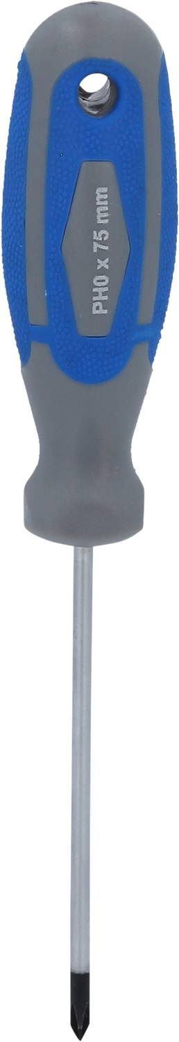 Ein blauer und grauer Schraubendreher mit Kreuzschlitzspitze und einem 3 mm-PHZ-Kopf.