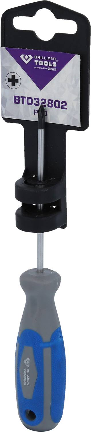 Kreuzschlitz-Schraubendreher mit grauem und blauem Griff und Modellnummer 'BT032802' auf der Verpackung.