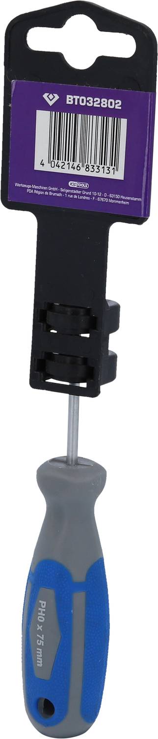 Schraubenzieher mit blau-grauem Griff, verpackt an einem schwarzen und lila Etikett mit Barcode oben.