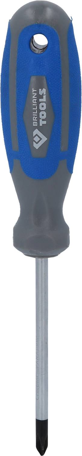 Ein Kreuzschlitzschraubendreher mit blau-grauem Griff und einer Metallspitze, darauf die Aufschrift 'Workpro Tools'.