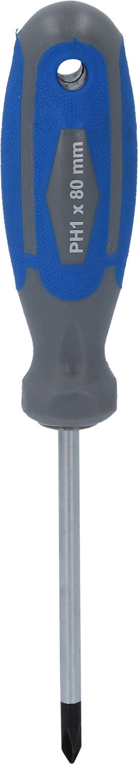 Ein blauer Kreuzschlitzschraubendreher mit grauem Griff und der Aufschrift 'PH x 80 mm' auf dem Griff.