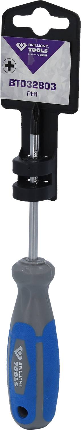 Schraubendreher mit blauem Griff, PH1 Spitze, Marke Walker Tools, Modell BT032803, in einer schwarzen und violetten Verpackung.