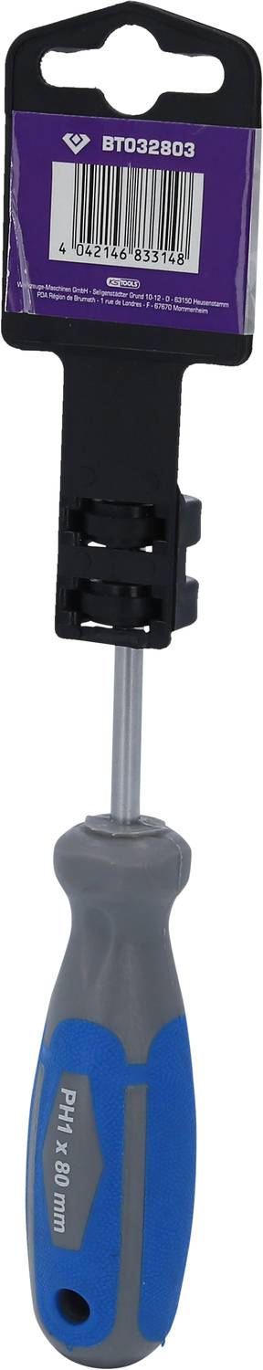 Schraubendreher mit blau-grauem Griff und einem Etikett am Ende des Schafts. Der Griff hat die Aufschrift 'PH1 x 100mm'.