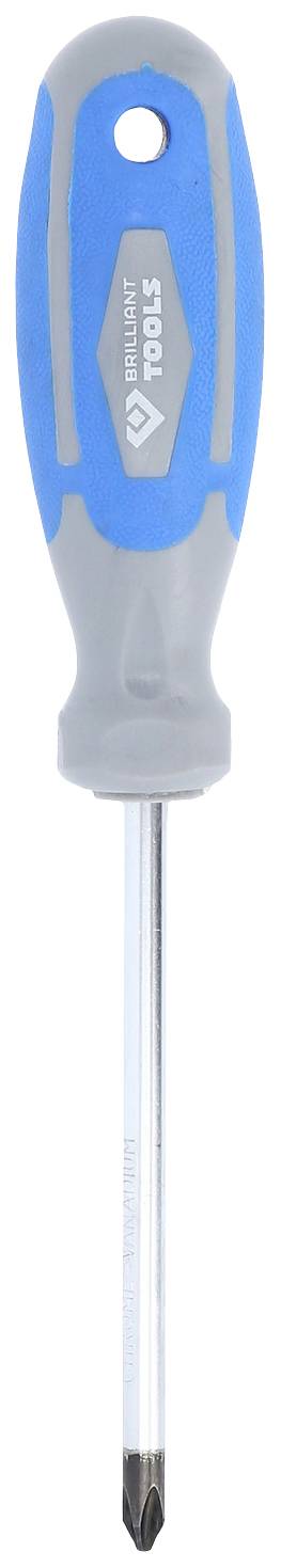 Ein Schraubendreher mit blau-grauem gummierten Griff und Metallspitze, geeignet für Kreuzschlitzschrauben.