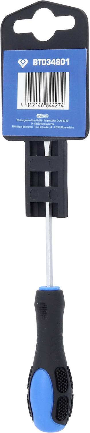 Schraubendreher mit blau-schwarzem Griff, befestigt an einer Verpackung mit Barcode und der Nummer 'BT034801'.