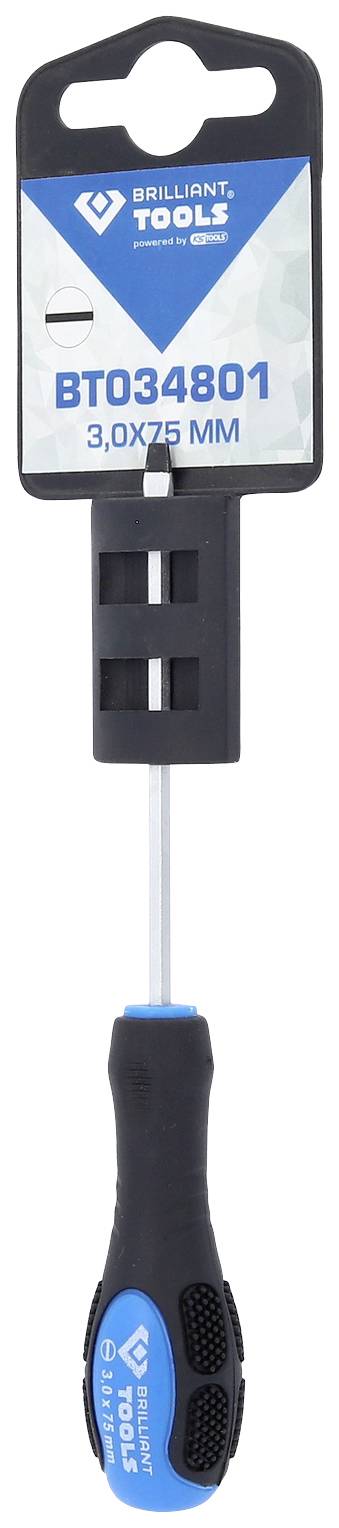 Schraubendreher mit blau-schwarzem Griff, an Verpackung mit Aufschrift 'BRILLIANT TOOLS BT034801, 3,0x75 MM'.
