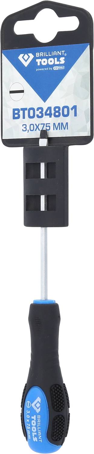 Schraubenzieher mit blau-schwarzem Griff, gekennzeichnet als 'Brilliant Tools BT034801 3,0x75 mm'. Geeignet für Präzisionsarbeiten.