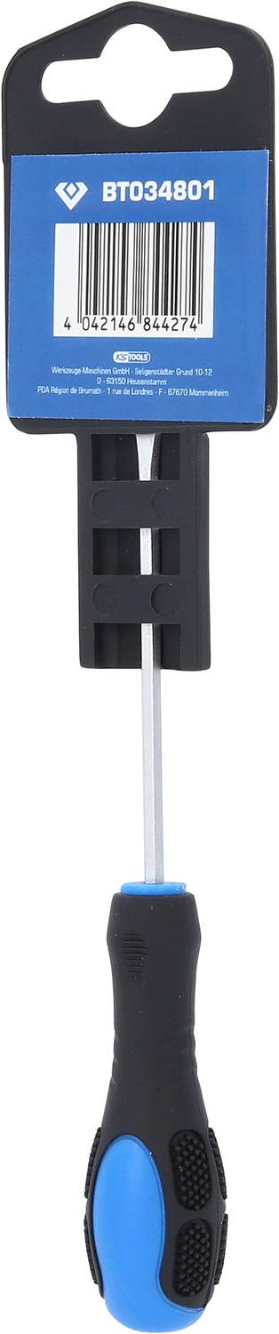 Schraubendreher mit blau-schwarzem Griff am Haken aufgehängt. Oberhalb befindet sich ein Etikett mit Barcode und Modellnummer BT034801.