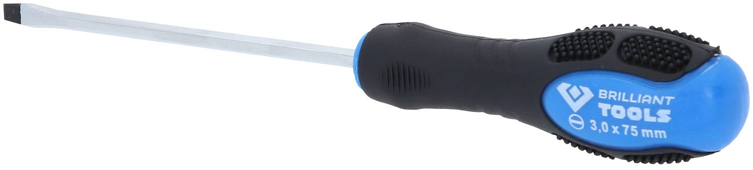 Schraubendreher mit Flachkopf und ergonomischem Griff, blau-schwarz gefärbt, mit Aufschrift 'Brilliant Tools 1.0 x 75 mm'.