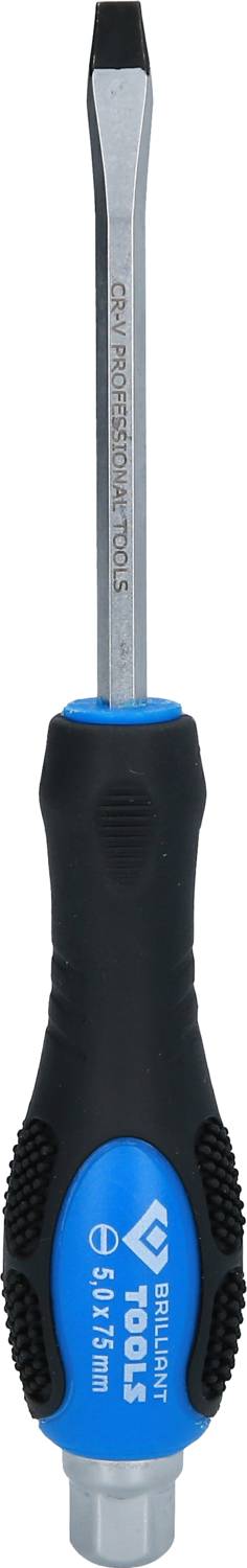 Ein Flachkopfschraubendreher mit schwarzem Griff und blauer Akzentfarbe mit der Aufschrift 'tools'.