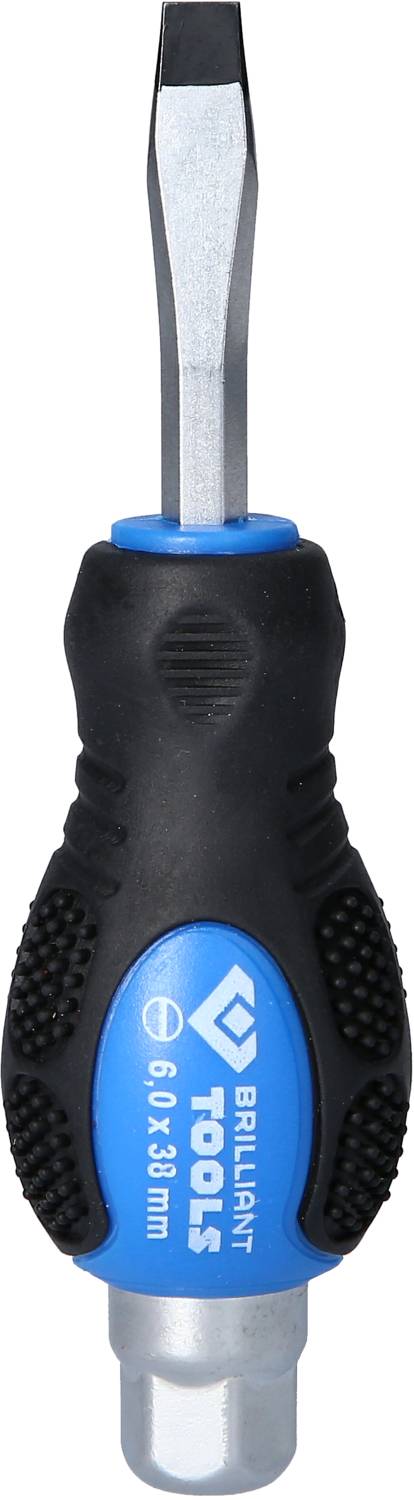 Ein schwarzer Schraubenzieher mit blauem Griff, flacher Spitze und der Aufschrift 'Brilliant Tools'. Geeignet für Schrauben mit Schlitz.