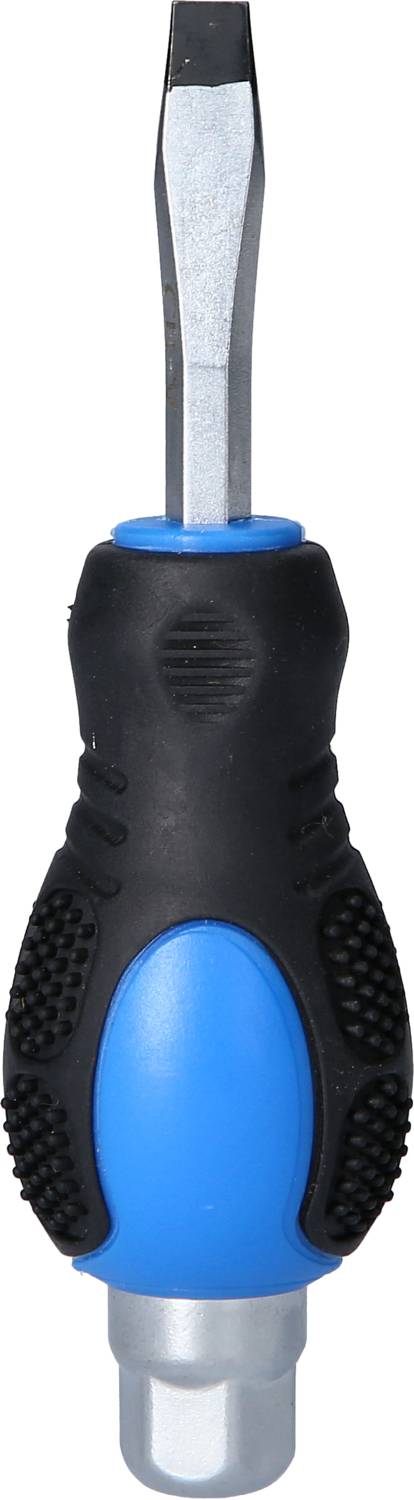 Ein Schraubendreher mit blau-schwarzem Griff und flacher Spitze.