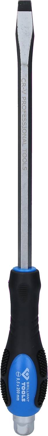 Ein Flachkopfschraubendreher mit schwarzem Griff und blauen Details.