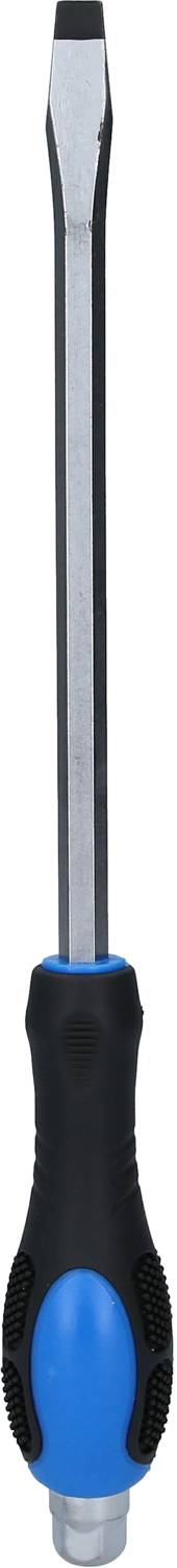 Ein Schraubendreher mit blau-schwarzem Griff und langer Metallklinge.