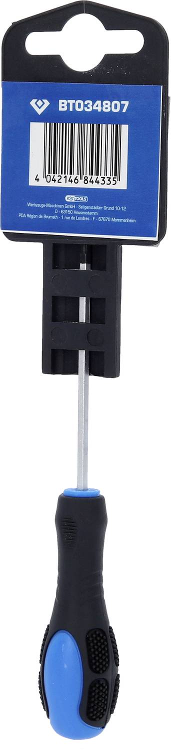 Schraubendreher mit schwarzem Griff und blauen Akzenten, befestigt an einer Verpackung mit Barcode und Produktnummer 'BTD34807'.