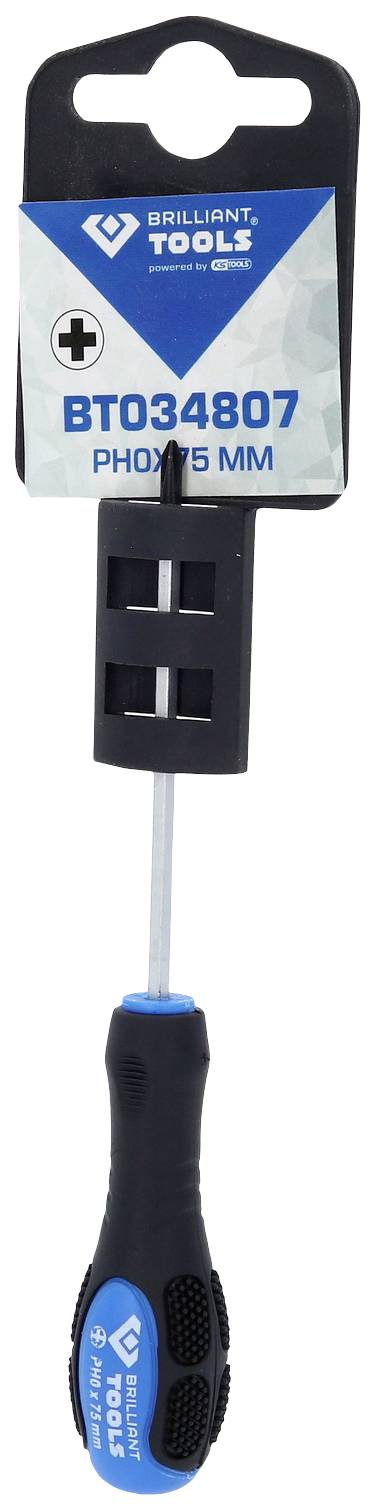 Schraubendreher mit blau-schwarzem Griff, Kreuzschlitz, PH0x75 mm, Markenname 'Brilliant Tools', Artikelnummer BT034807.