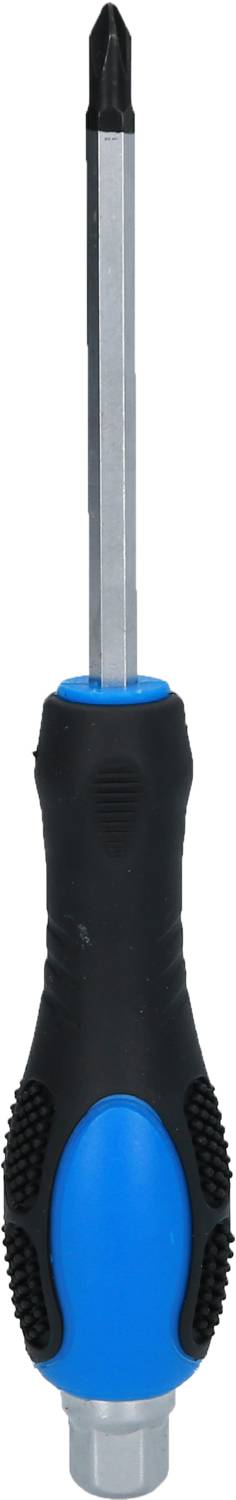 Ein blauer Schraubendreher mit schwarzem Griff und Kreuzschlitzspitze, vertikal ausgerichtet.