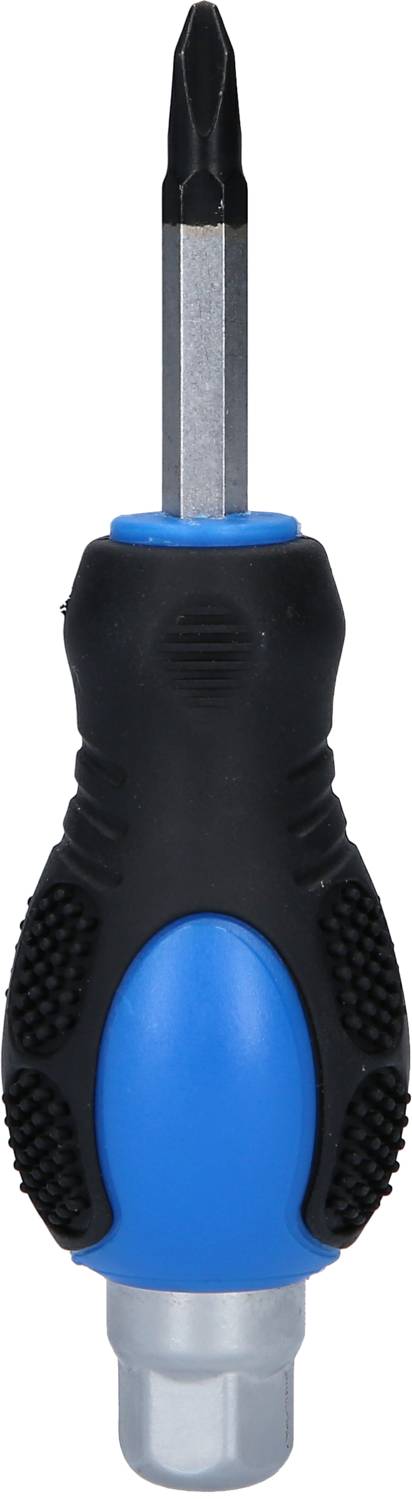 Kreuzschlitzschraubendreher mit blau-schwarzem Griff.