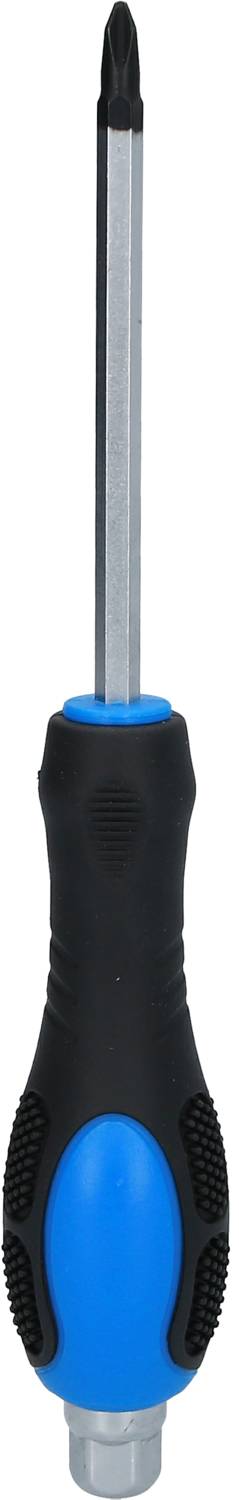Schraubendreher mit blau-schwarzem Griff und Kreuzschlitzspitze. Geeignet für das Anziehen oder Lösen von Schrauben.