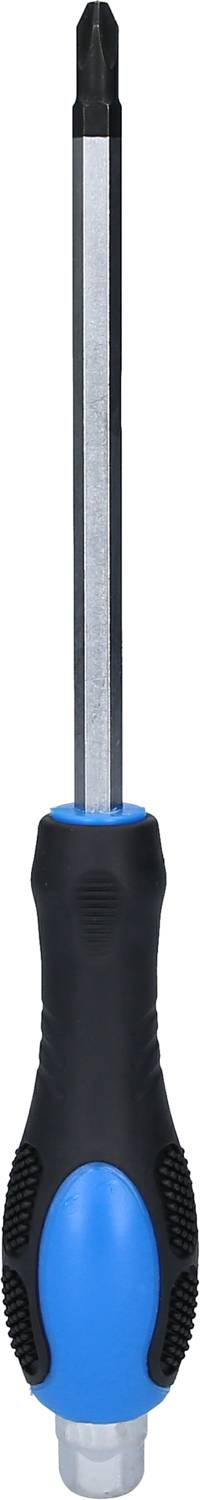 Schraubendreher mit blauem Griff und Kreuzschlitzspitze, stehend aufrecht gezeigt.