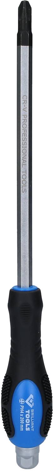 Kreuzschlitz-Schraubendreher mit blauem Griff und schwarzer Spitze, liegt vertikal mit einem Metallstiel und rutschfestem Griff da.