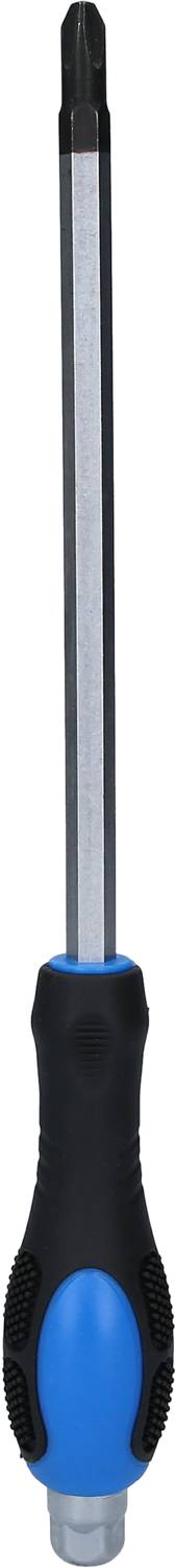 Ein Schraubendreher mit blau-schwarzem Griff und silberner Metallschaftspitze, vertikal positioniert.