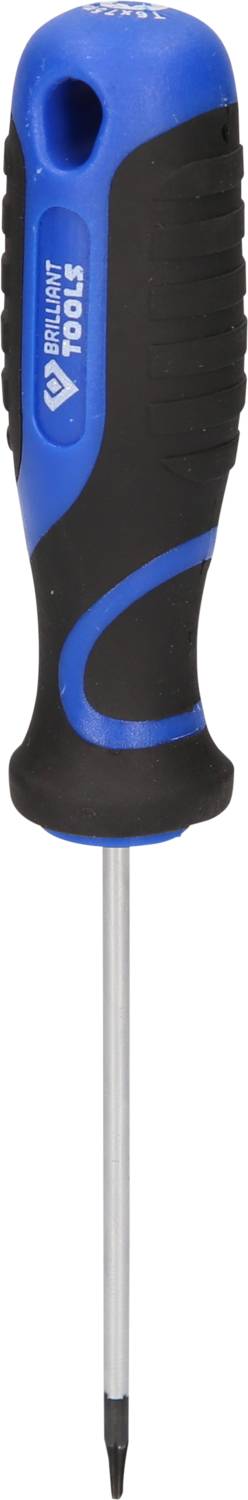 Ein Schraubenzieher mit blauem und schwarzem Griff sowie einer silbernen Metallklinge.