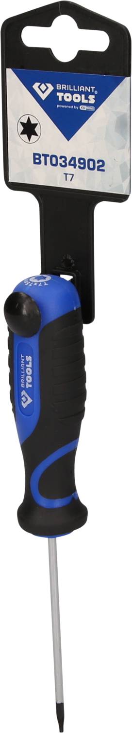 Schraubendreher mit schwarzem Griff und blauen Akzenten, aufgehängt an einer Verpackung mit der Aufschrift 'Brilliant Tools BT034902'.
