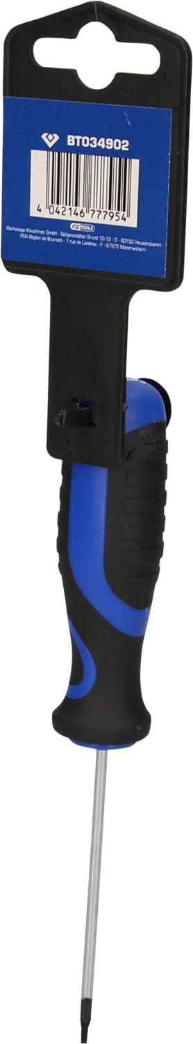 Screwdriver with blue handle and black grip, attached to a cardboard hang tag with barcode and product information.