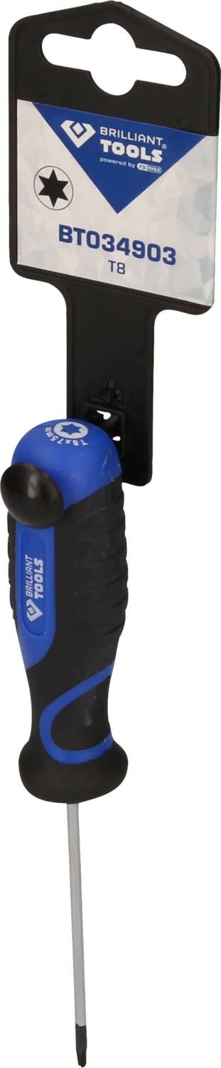 Ein schwarzer und blauer Schraubendreher mit ergonomischem Griff, auf einer Karte montiert mit der Aufschrift 'BTC34903'.