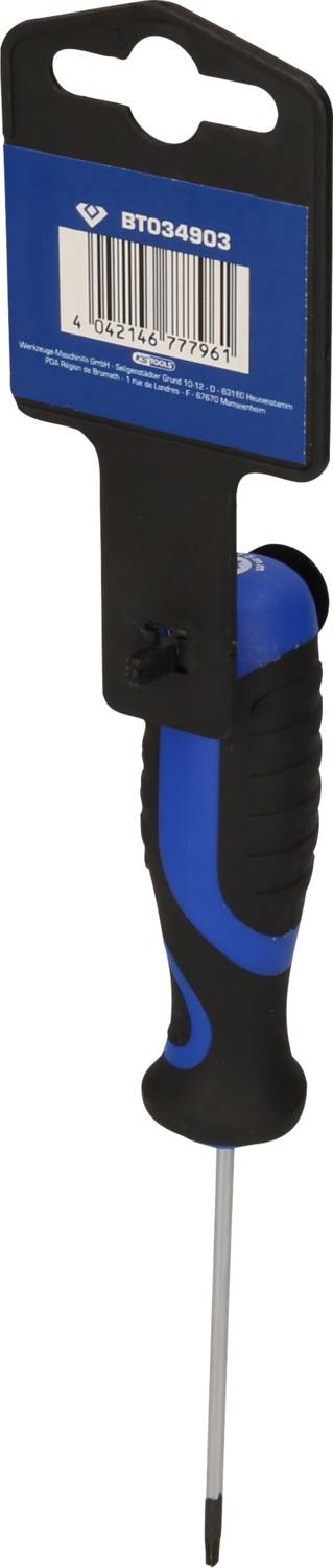 Kreuzschlitz-Schraubendreher mit blau-schwarzem Griff, verpackt in schwarzer Halterung mit Barcode und Seriennummer 81034903.