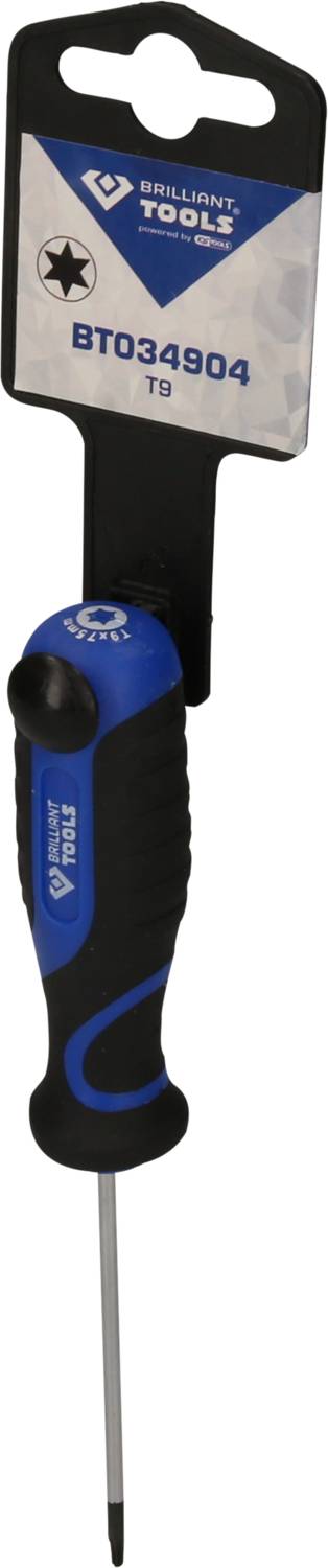 Kreuzschlitzschraubendreher mit blauer und schwarzer Gummigriff, Etikett 'BT034904 T9', geeignet für Torx-Schrauben.