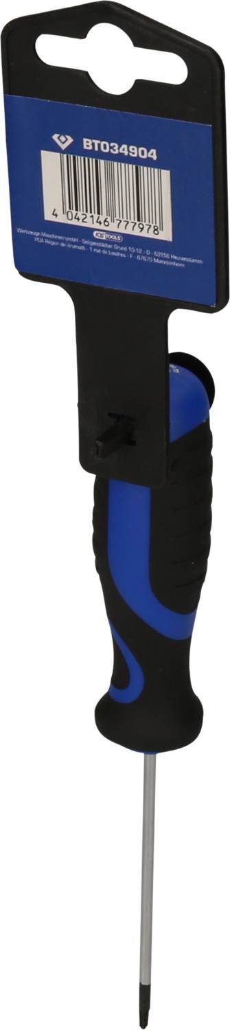 Ein Schraubendreher mit blau-schwarzem Griff, aufgehängt an einer Verpackung mit einem Barcode und der Nummer 'BT034904'.