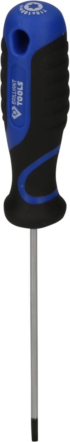 Ein Schraubendreher mit blau-schwarzem Griff und Metallspitze.