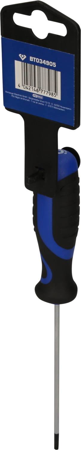 Blauer Schraubendreher mit schwarzem Griff und Barcode-Etikett am Griffende. Werkzeug für allgemeine Schraubarbeiten.