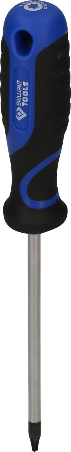 Ein blauer und schwarzer Schraubendreher mit schmalem, metallischem Schaft und Kreuzschlitzspitze.