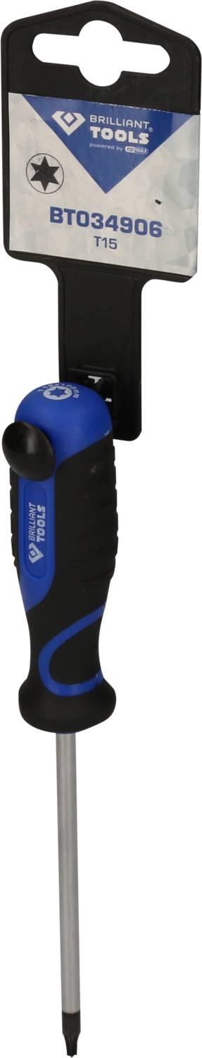 Winkelschraubendreher mit blau-schwarzem Griff und T15-Kopf, verpackt auf einer schwarzen Halterung mit Produktnummer 'BT034906'.