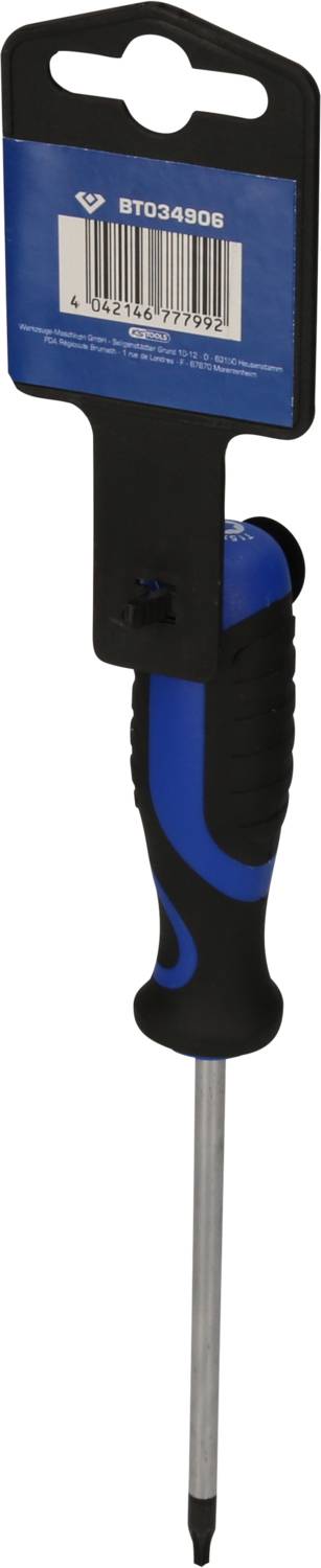 Ein blauer Schraubendreher mit schwarzem Griff, verpackt in einer blauen Kartonhalterung, die einen Barcode zeigt.