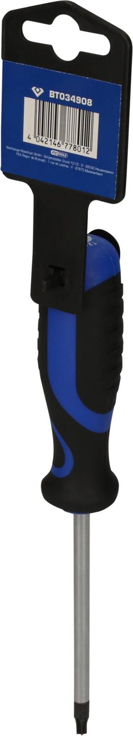 Schraubendreher mit blau-schwarzem Griff und metallener Spitze, in einer Kunststoff-Verpackung mit Barcode auf der Rückseite.