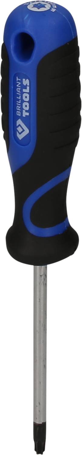 Ein blauer und schwarzer Kreuzschlitzschraubendreher mit ergonomischem Griff. Oben ist das Markenzeichen erkennbar.