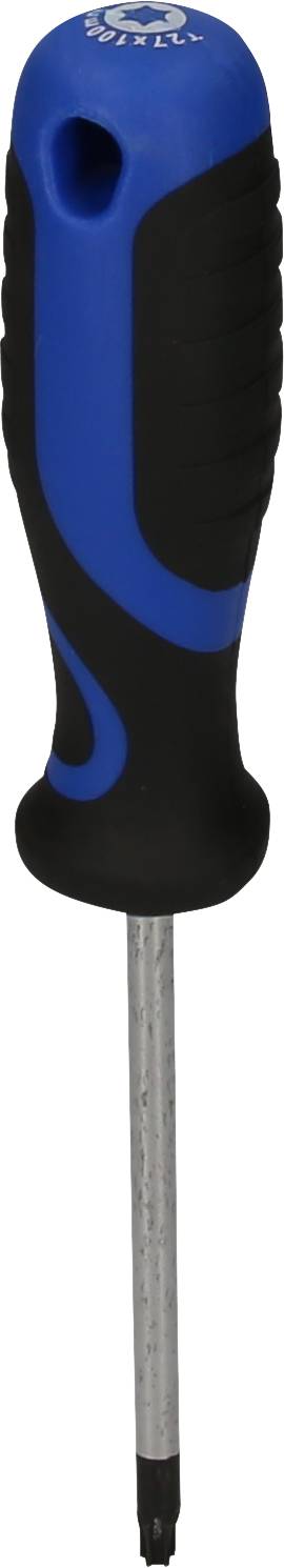 Ein blauer Schraubenzieher mit schwarzem Griff, T-Profil. Eignet sich zum Anziehen oder Lösen von Schrauben mit T-förmigem Kopf.