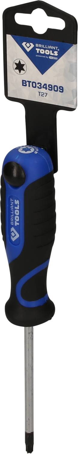 Steckschlüsselschraubendreher mit T27-Torx-Spitze, blau-schwarzer ergonomischer Griff. Markenlogo und Artikelnummer auf der Verpackung.