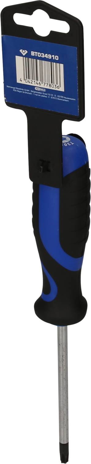 Ein blauer und schwarzer Schraubendreher mit einem Kreuzschlitz. Hinweisetikett zeigt Barcode und Hersteller-Informationen.