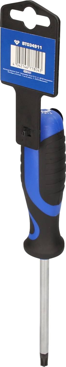 Ein blauer und schwarzer Kreuzschlitzschraubendreher mit Gummigriff und Barcode an der Verpackung.