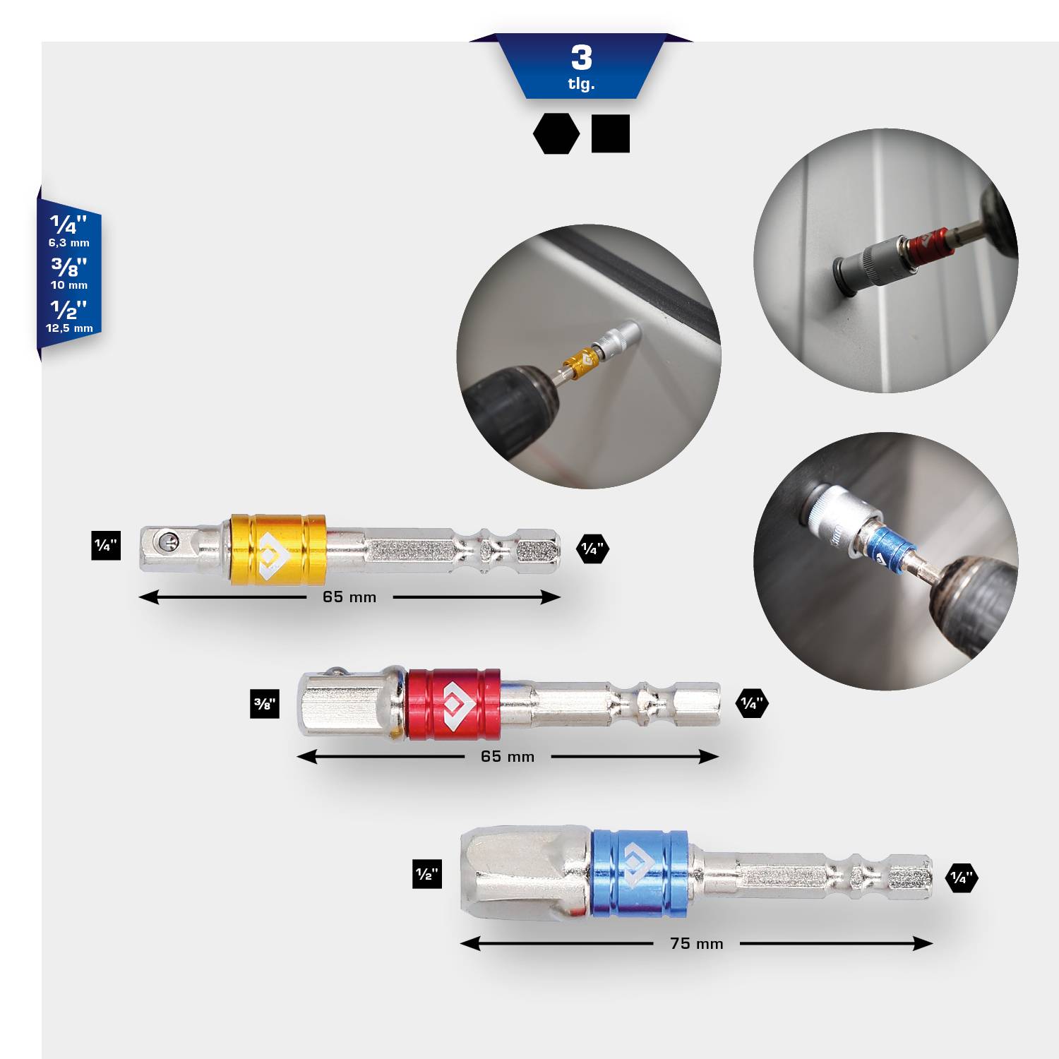 Drei Nuss-Adapter in verschiedenen Größen und Farben: rot (65 mm), gold (65 mm), silber (75 mm), mit passenden Anwendungen gezeigt.