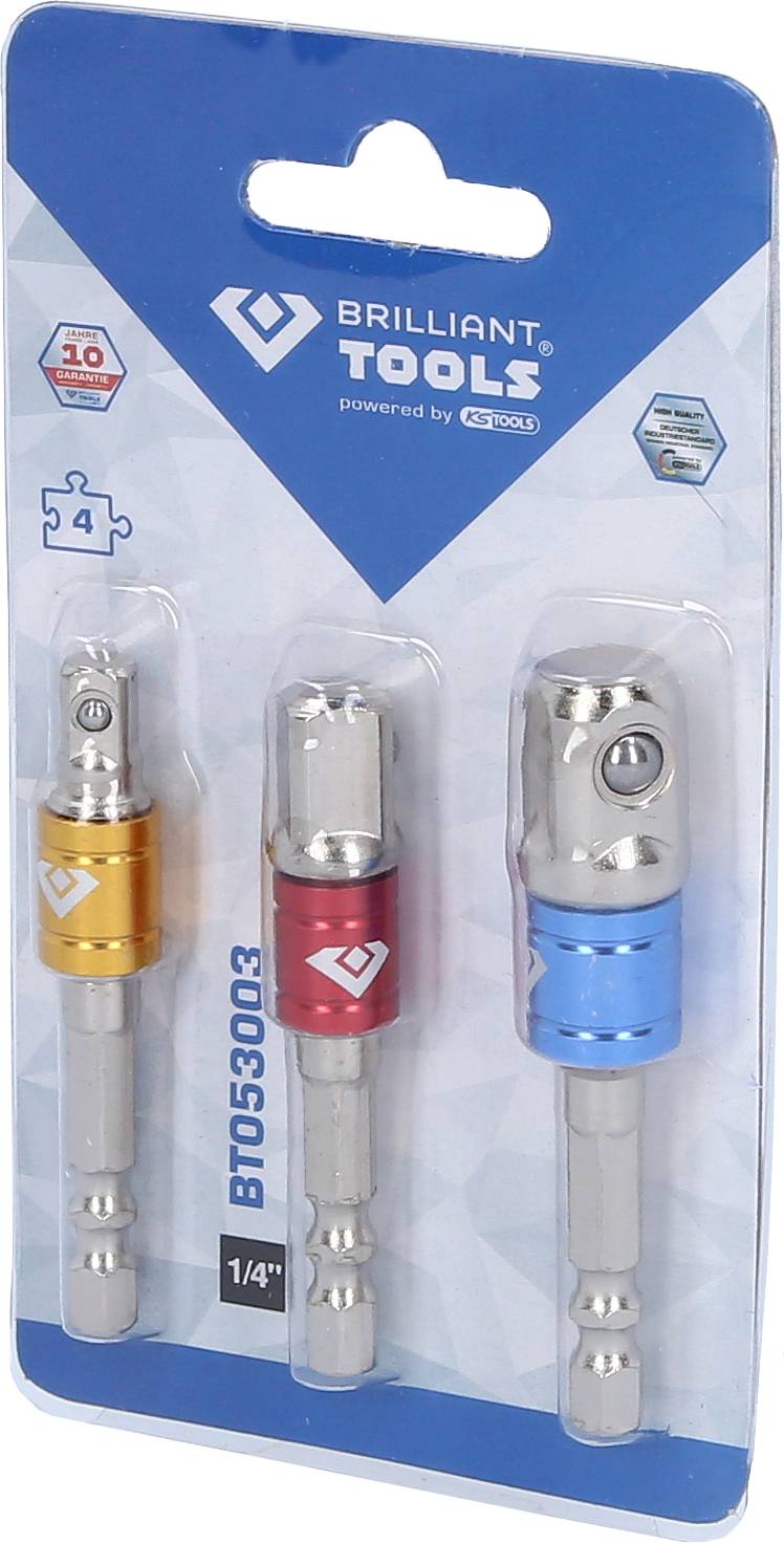 Drei Steckadapter in verschiedenen Größen auf einer Karte, insgesamt drei Adapter mit Schnellwechselmechanismus in Gold, Rot und Blau.