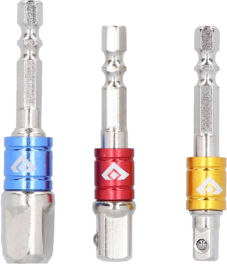 Drei Stecknüssen-Adapter in Silber, mit farbigen Ringen: Blau, Rot und Gelb. Geeignet für verschiedene Schraubenschlüsselgrößen.