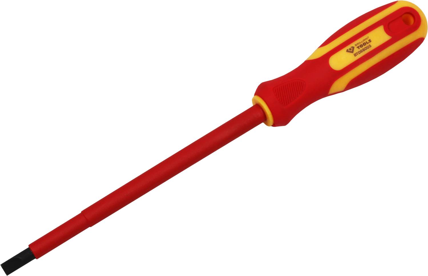 Ein isolierter Schraubendreher mit rotem und gelbem Griff und schwarzer flacher Klinge, geeignet für elektrische Arbeiten.