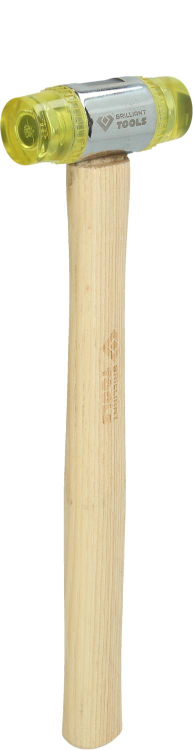 Ein Hammer mit einem hölzernen Griff und einem gelben Kunststoffkopf, geeignet zur schonenden Bearbeitung von Oberflächen ohne Beschädigung.