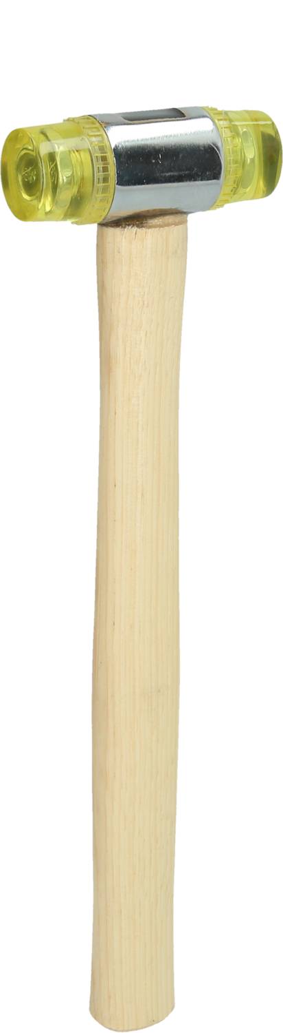 Hammer mit hölzernem Griff und gelbem Kopf aus Kunststoff, verwendet für Arbeiten, bei denen Schlagkraft und Präzision wichtig sind.
